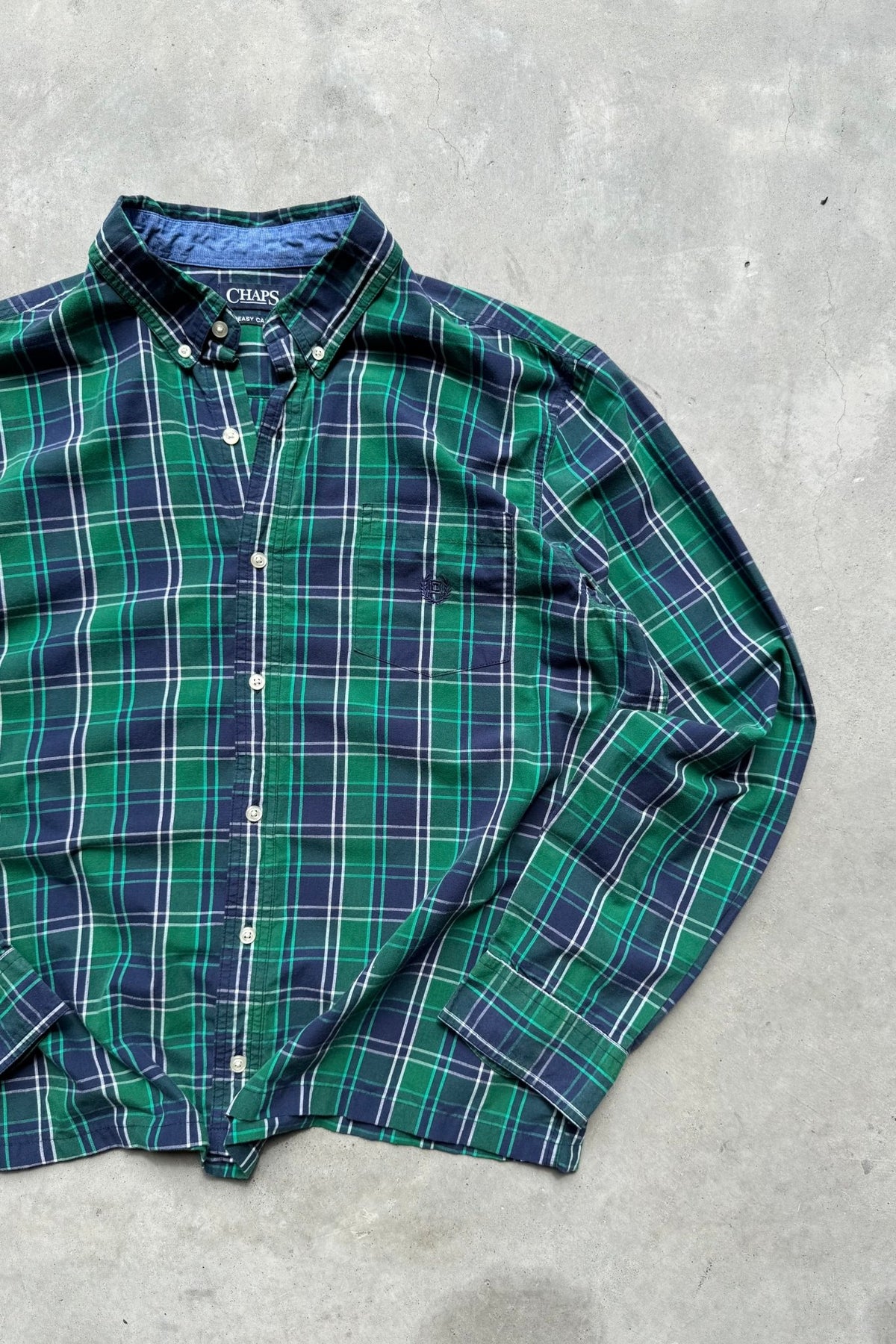 Chaps Ralph Lauren Green & Navy Cropped Long Sleeve Button Up — 2000s (M/L) - Retrospective Store