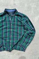 Chaps Ralph Lauren Green & Navy Cropped Long Sleeve Button Up — 2000s (M/L) - Retrospective Store