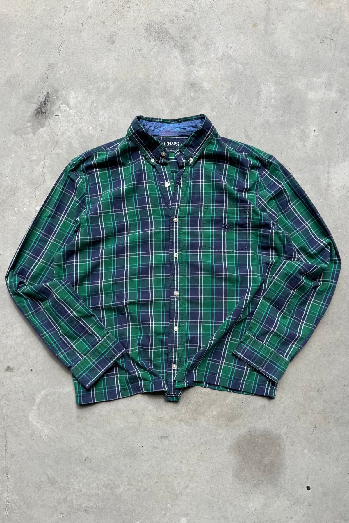 Chaps Ralph Lauren Green & Navy Cropped Long Sleeve Button Up — 2000s (M/L) - Retrospective Store