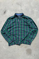 Chaps Ralph Lauren Green & Navy Cropped Long Sleeve Button Up — 2000s (M/L) - Retrospective Store