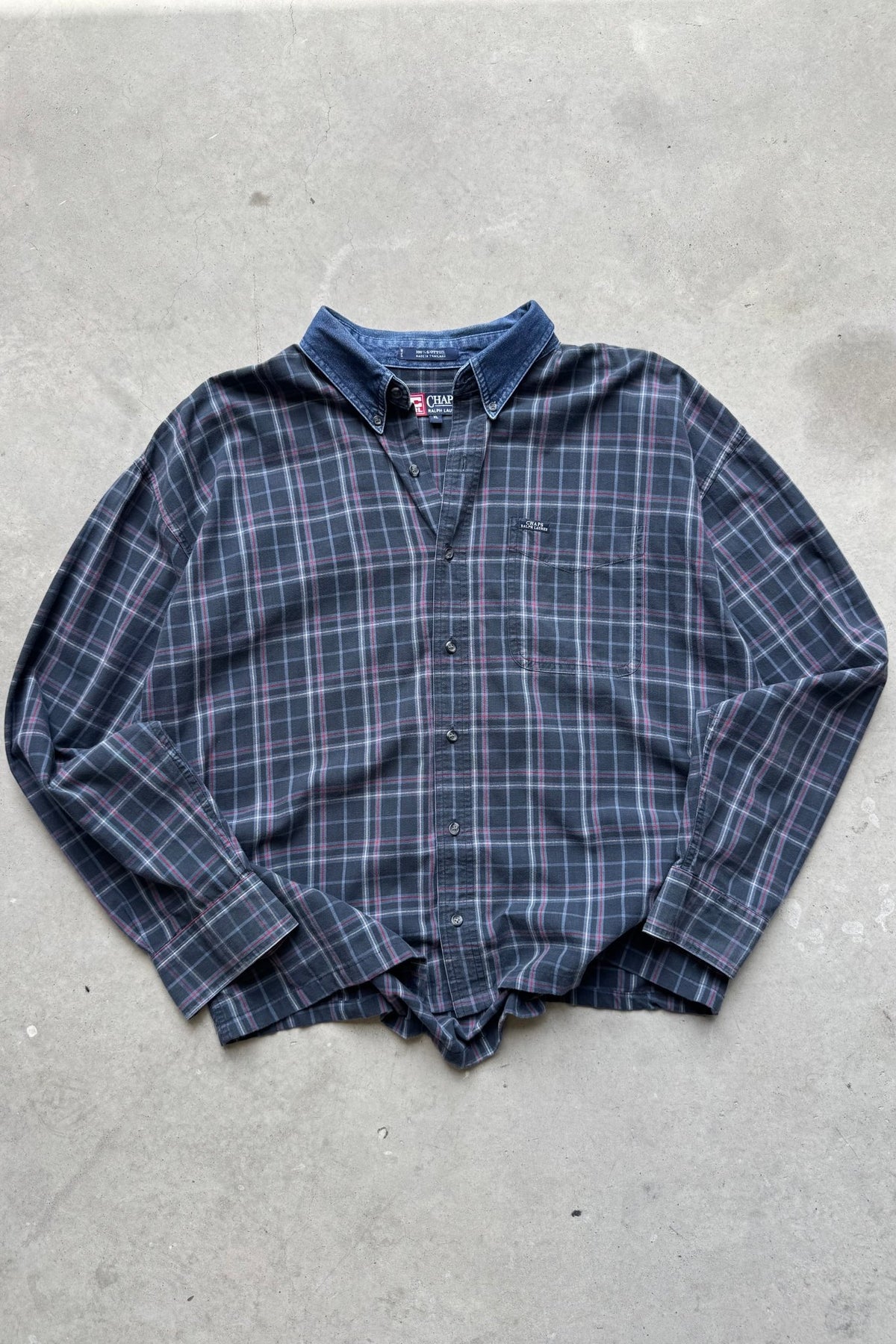 Chaps Ralph Lauren Navy Cropped Long Sleeve Button Up — 2000s (XL) - Retrospective Store