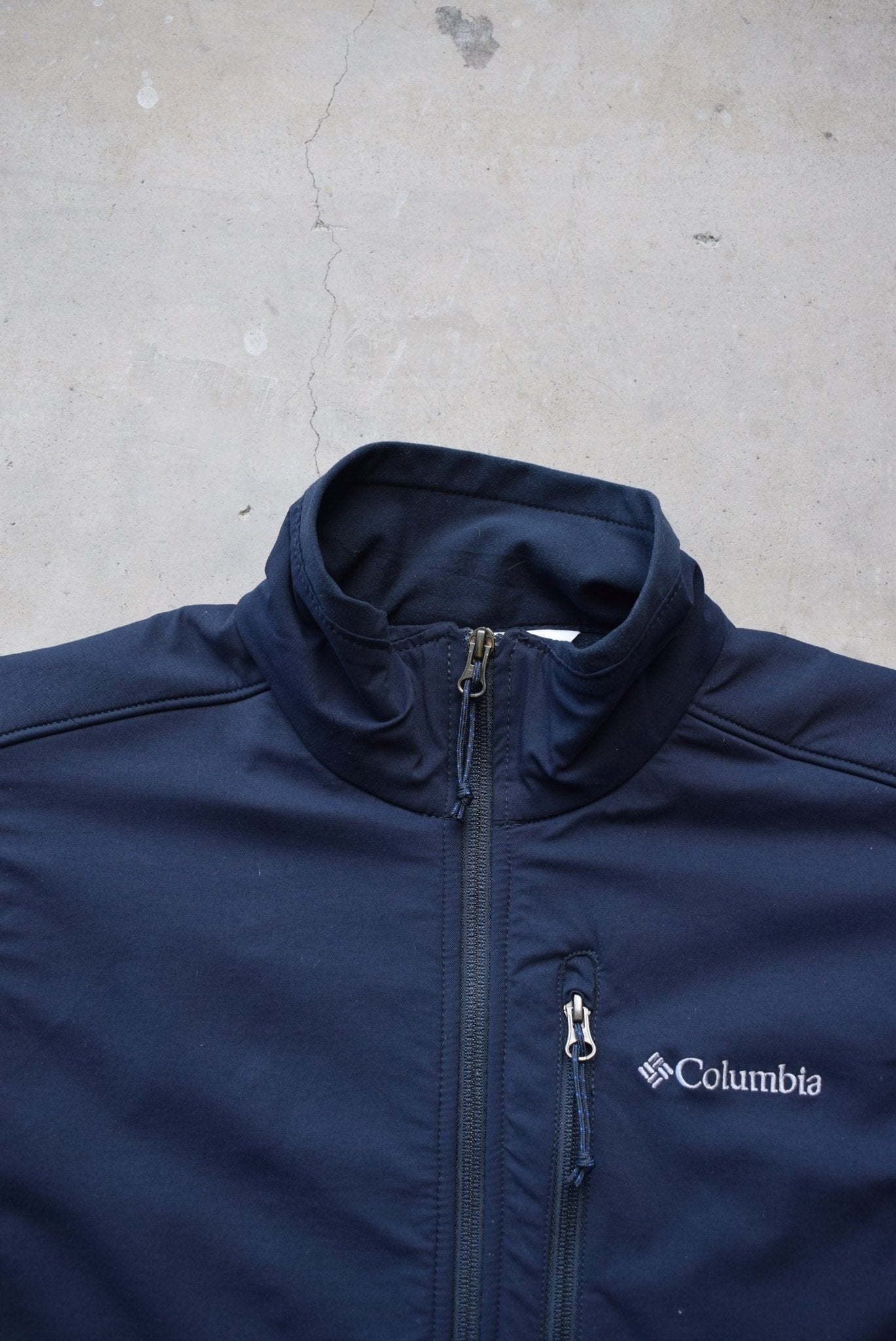 Columbia Blue & Navy Embroidered Spellout Fleece Jacket — 2000s (M) - Retrospective Store