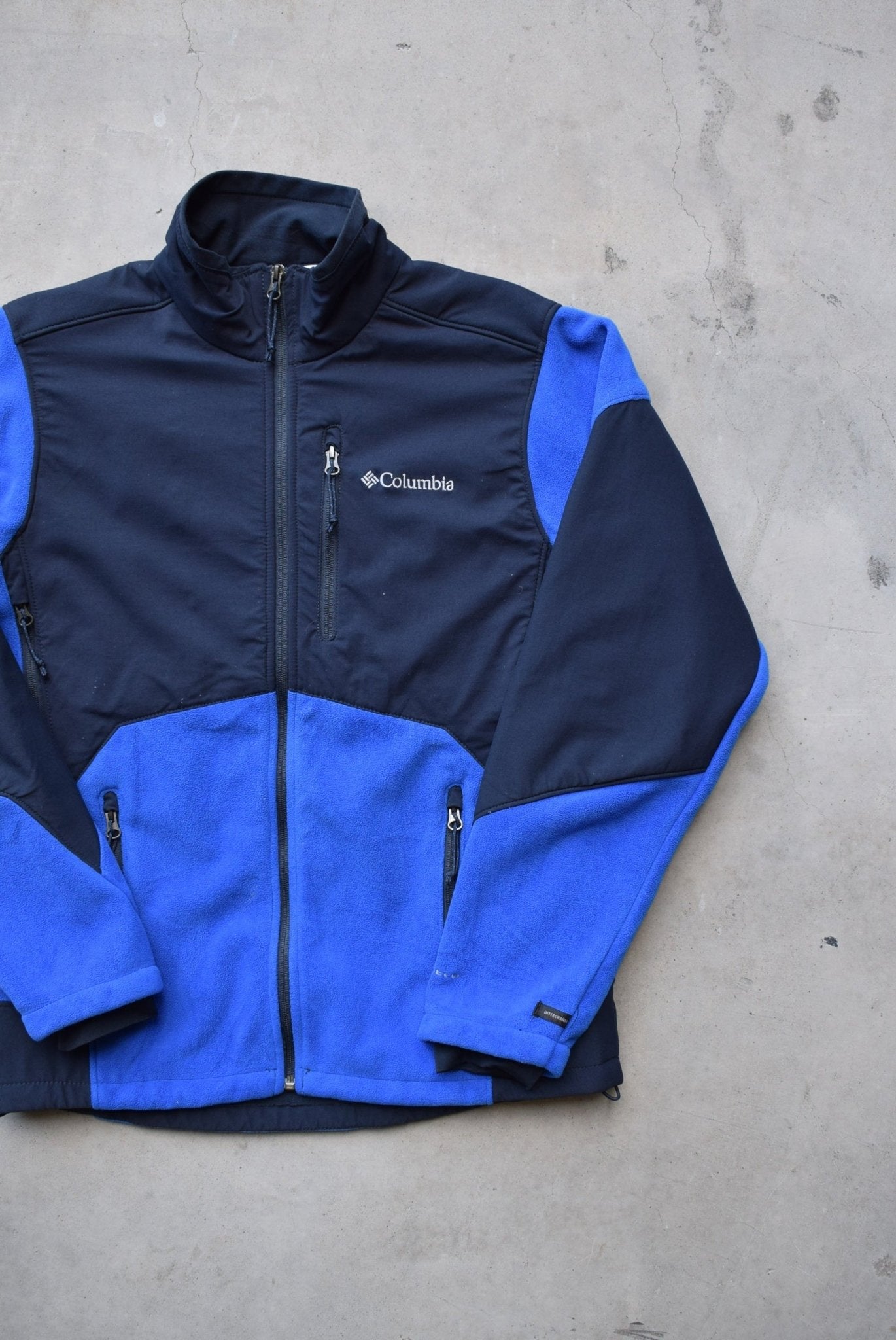 Columbia Blue & Navy Embroidered Spellout Fleece Jacket — 2000s (M) - Retrospective Store