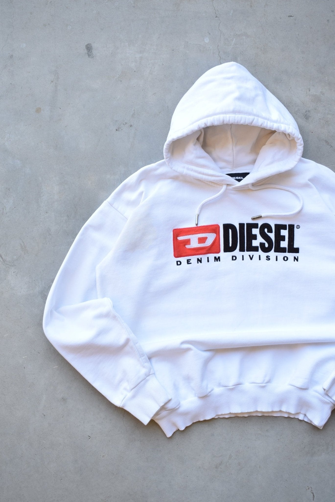 Diesel Denim Division White Embroidered Spellout Hoodie — 2000s (M) - Retrospective Store