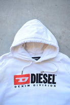 Diesel Denim Division White Embroidered Spellout Hoodie — 2000s (M) - Retrospective Store