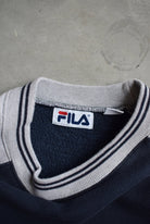 Fila Athletics Navy & Grey Embroidered Spellout Crewneck — 2000s (XL) - Retrospective Store