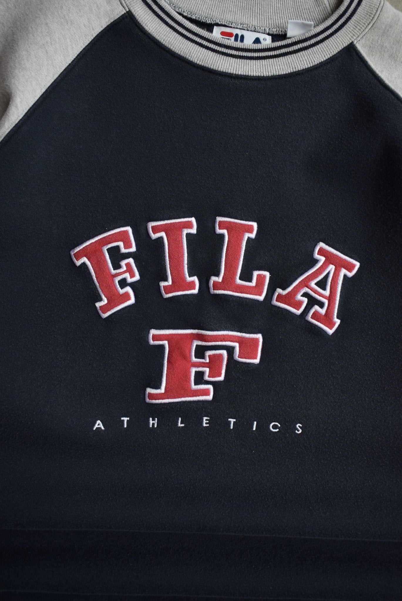 Fila Athletics Navy & Grey Embroidered Spellout Crewneck — 2000s (XL) - Retrospective Store