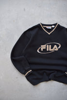 Fila Black & Tan Embroidered Spellout Crewneck — 1990s (L) - Retrospective Store
