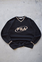 Fila Black & Tan Embroidered Spellout Crewneck — 1990s (L) - Retrospective Store
