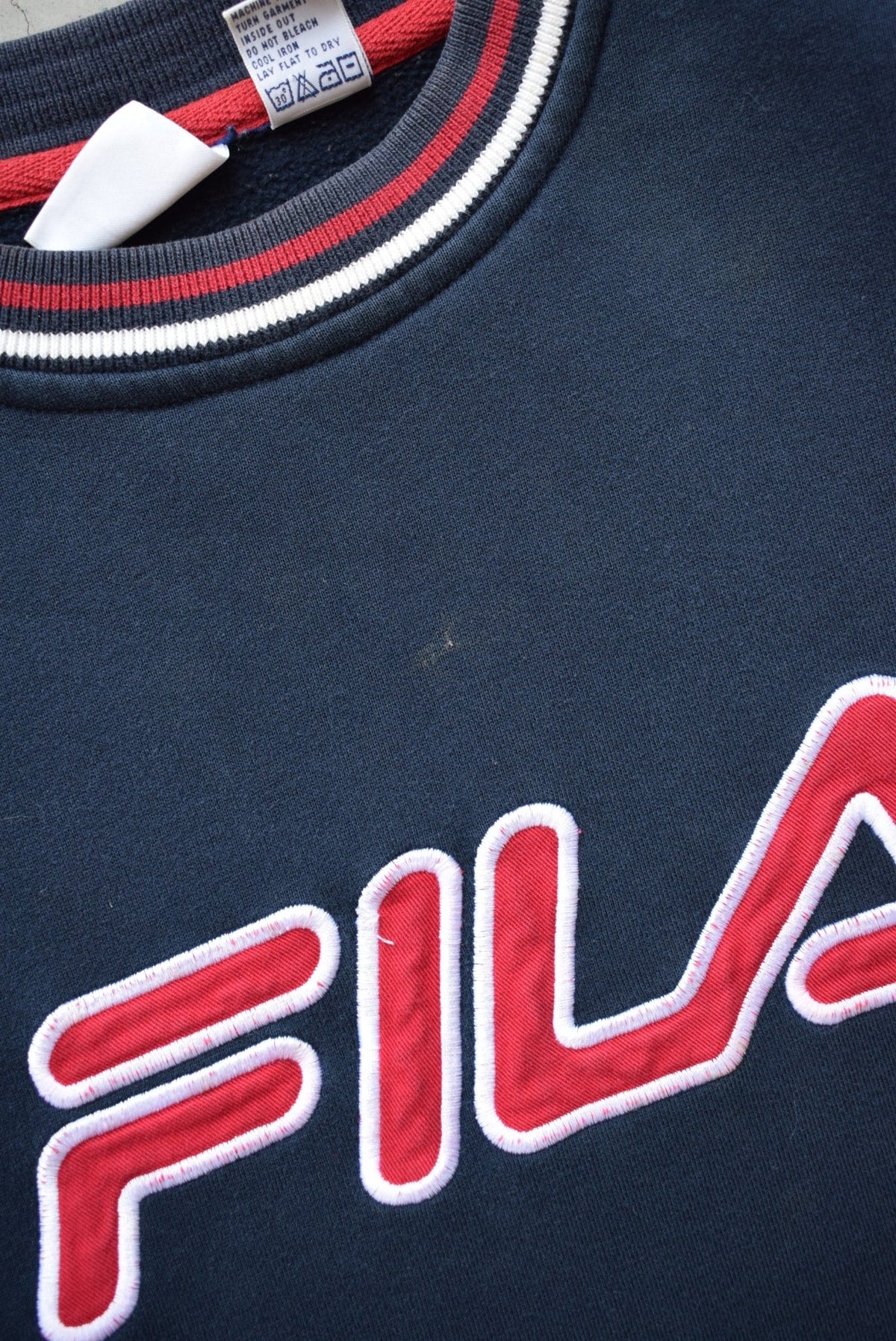 Fila Navy Embroidered Spellout Crewneck — 2000s (L) - Retrospective Store