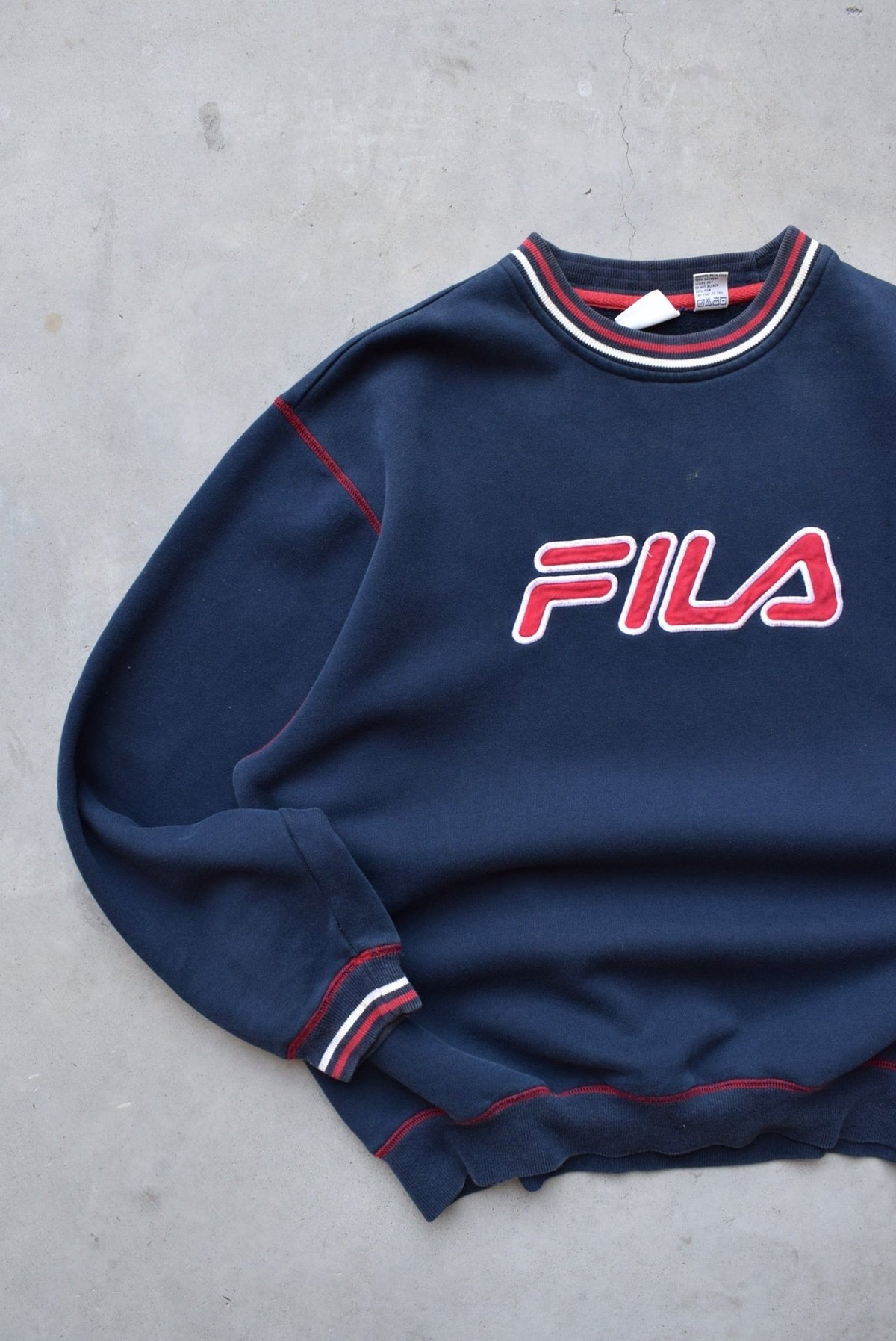 Fila Navy Embroidered Spellout Crewneck — 2000s (L) - Retrospective Store