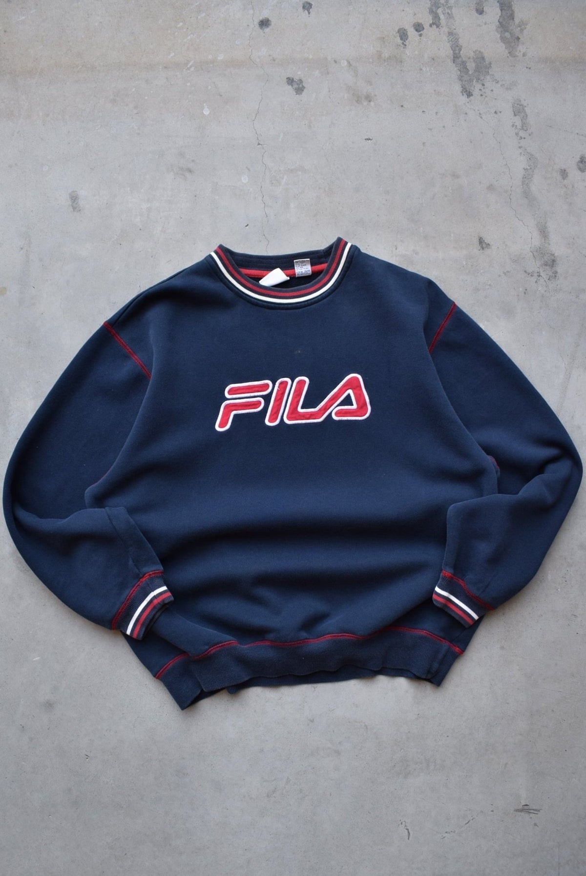 Fila Navy Embroidered Spellout Crewneck — 2000s (L) - Retrospective Store