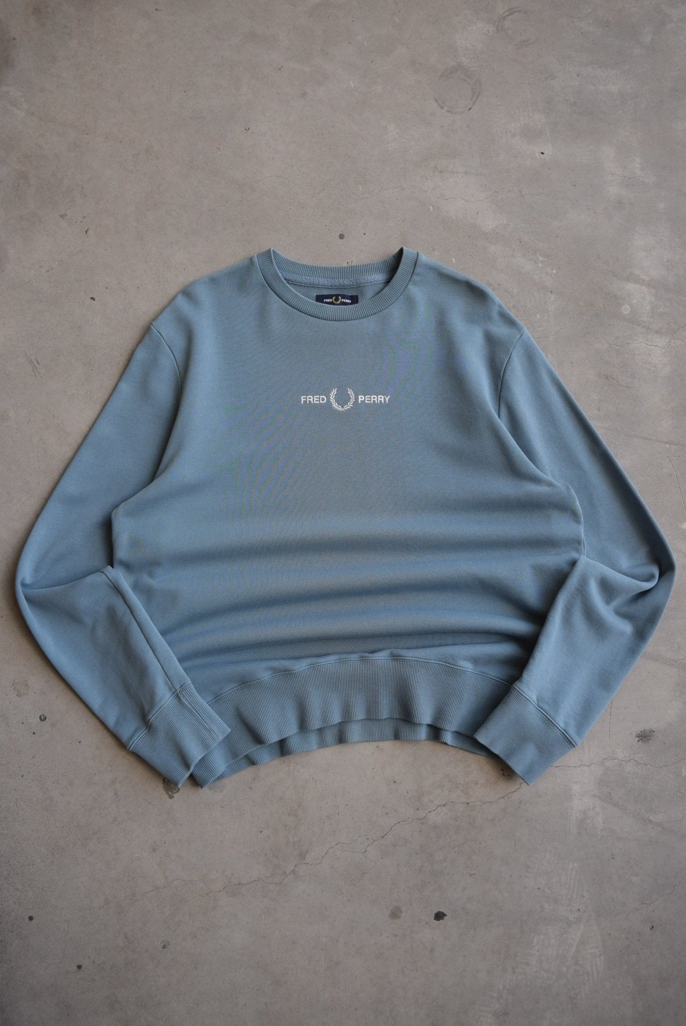 Fred Perry Blue Embroidered Spellout Crewneck — 2000s (L/XL) - Retrospective Store