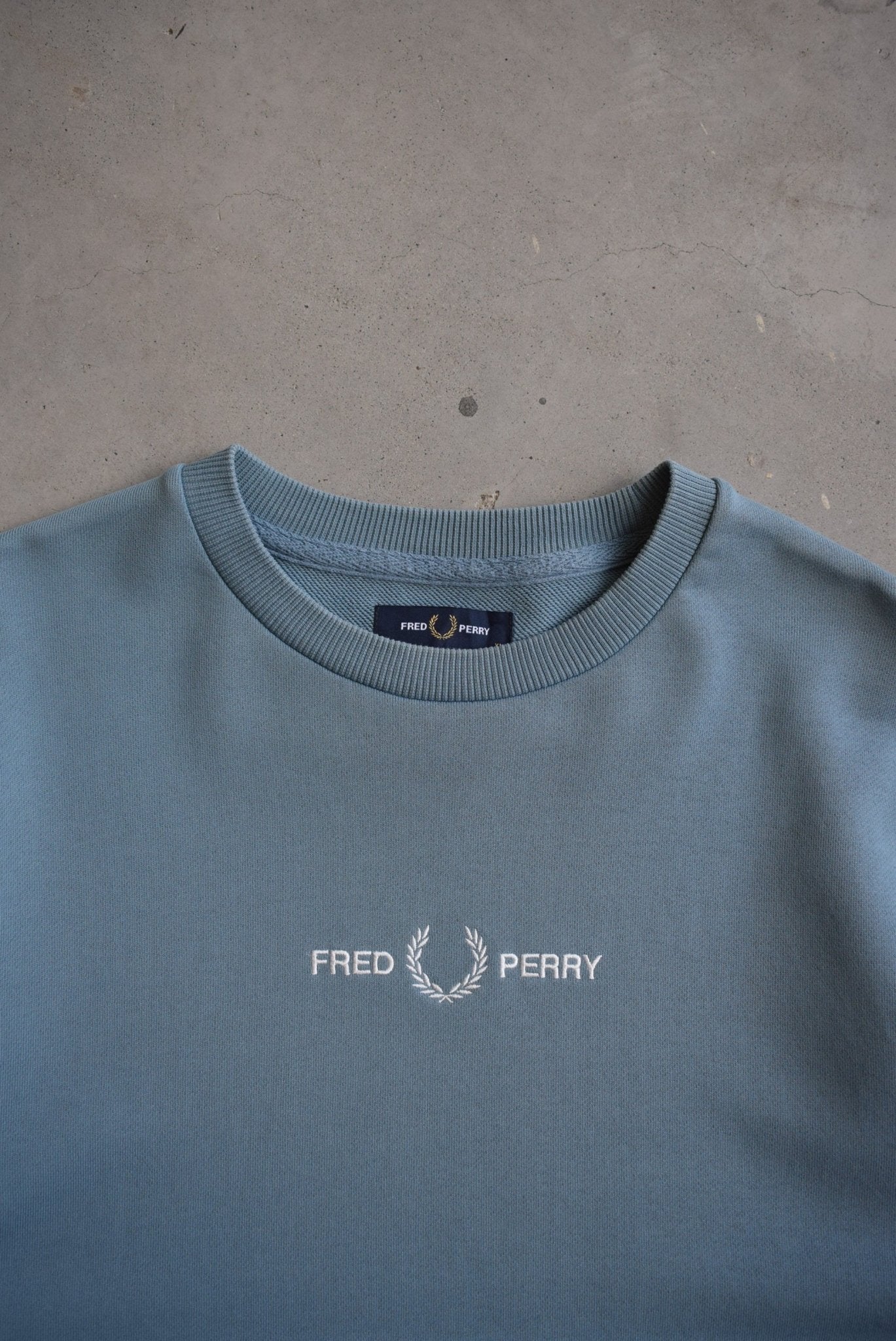 Fred Perry Blue Embroidered Spellout Crewneck — 2000s (L/XL) - Retrospective Store