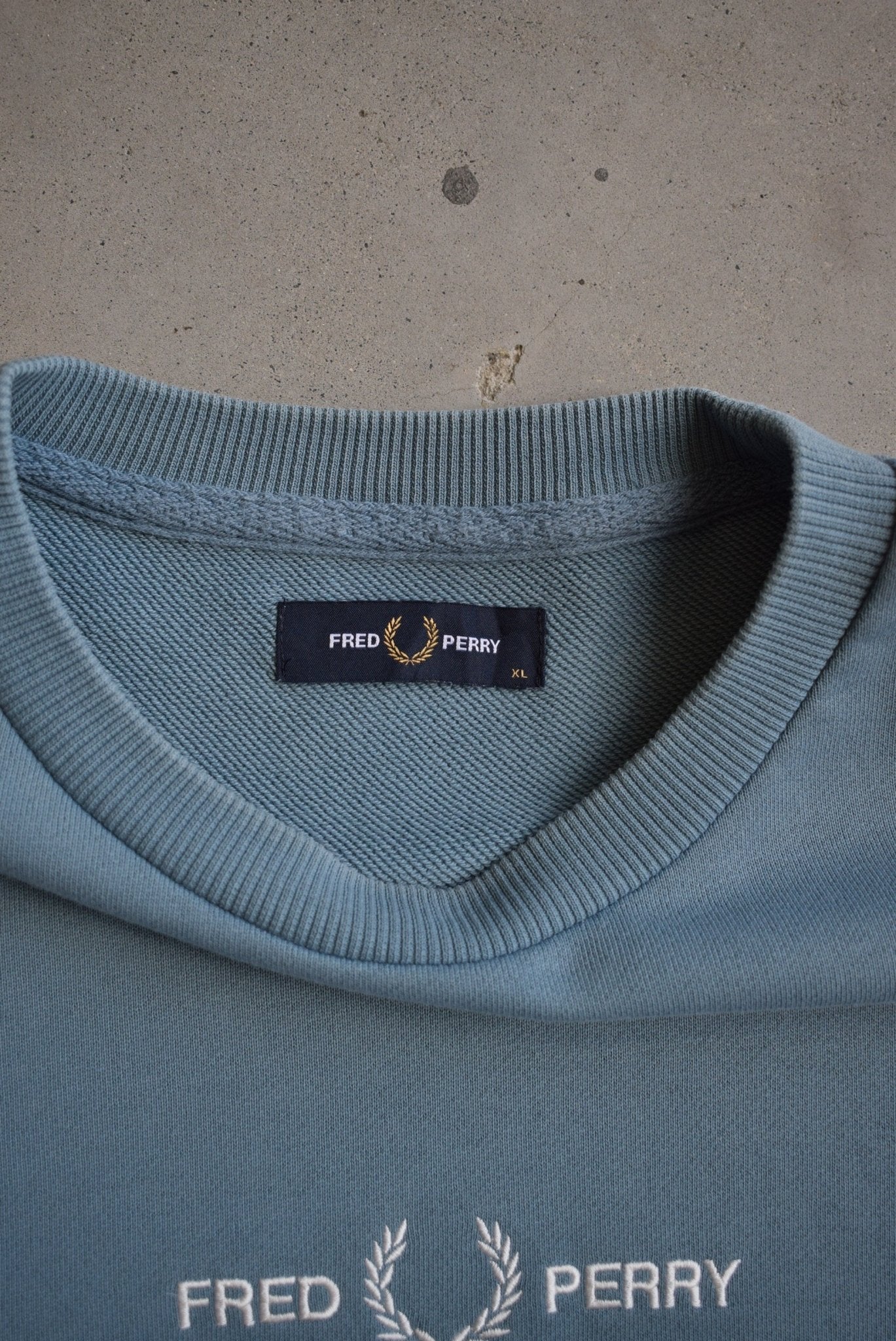 Fred Perry Blue Embroidered Spellout Crewneck — 2000s (L/XL) - Retrospective Store