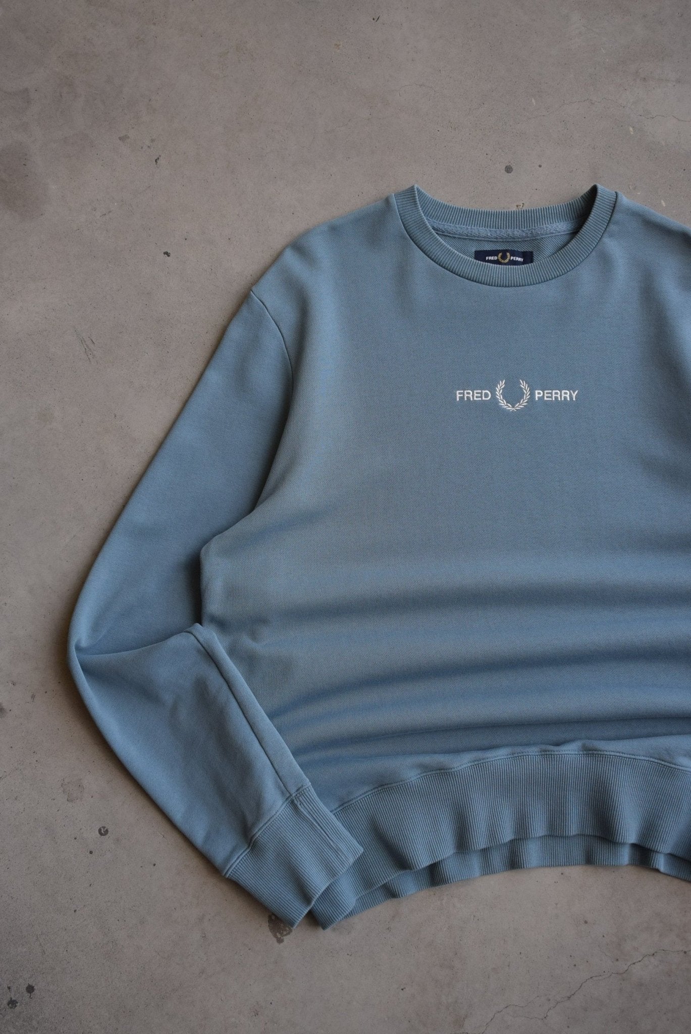 Fred Perry Blue Embroidered Spellout Crewneck — 2000s (L/XL) - Retrospective Store
