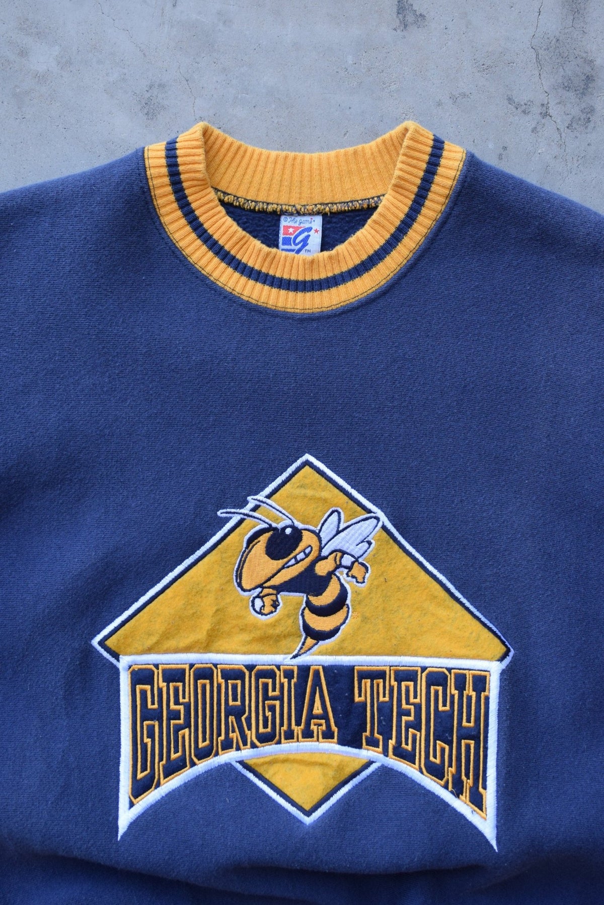 Georgia Tech University Navy & Yellow Embroidered Crewneck — 1990s (M/L) - Retrospective Store