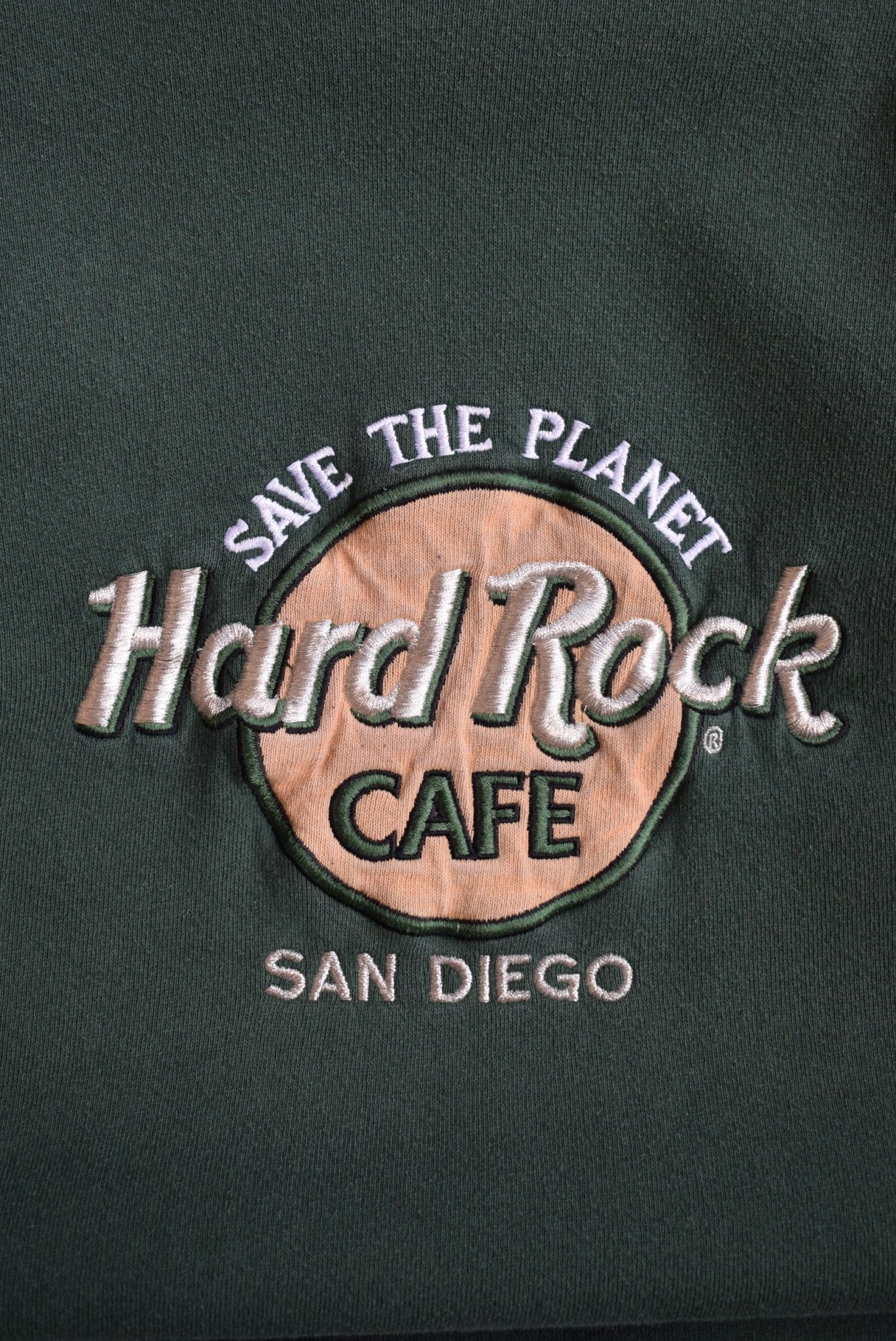 Hard Rock Cafe Green Embroidered Crewneck — 1990s (M) - Retrospective Store