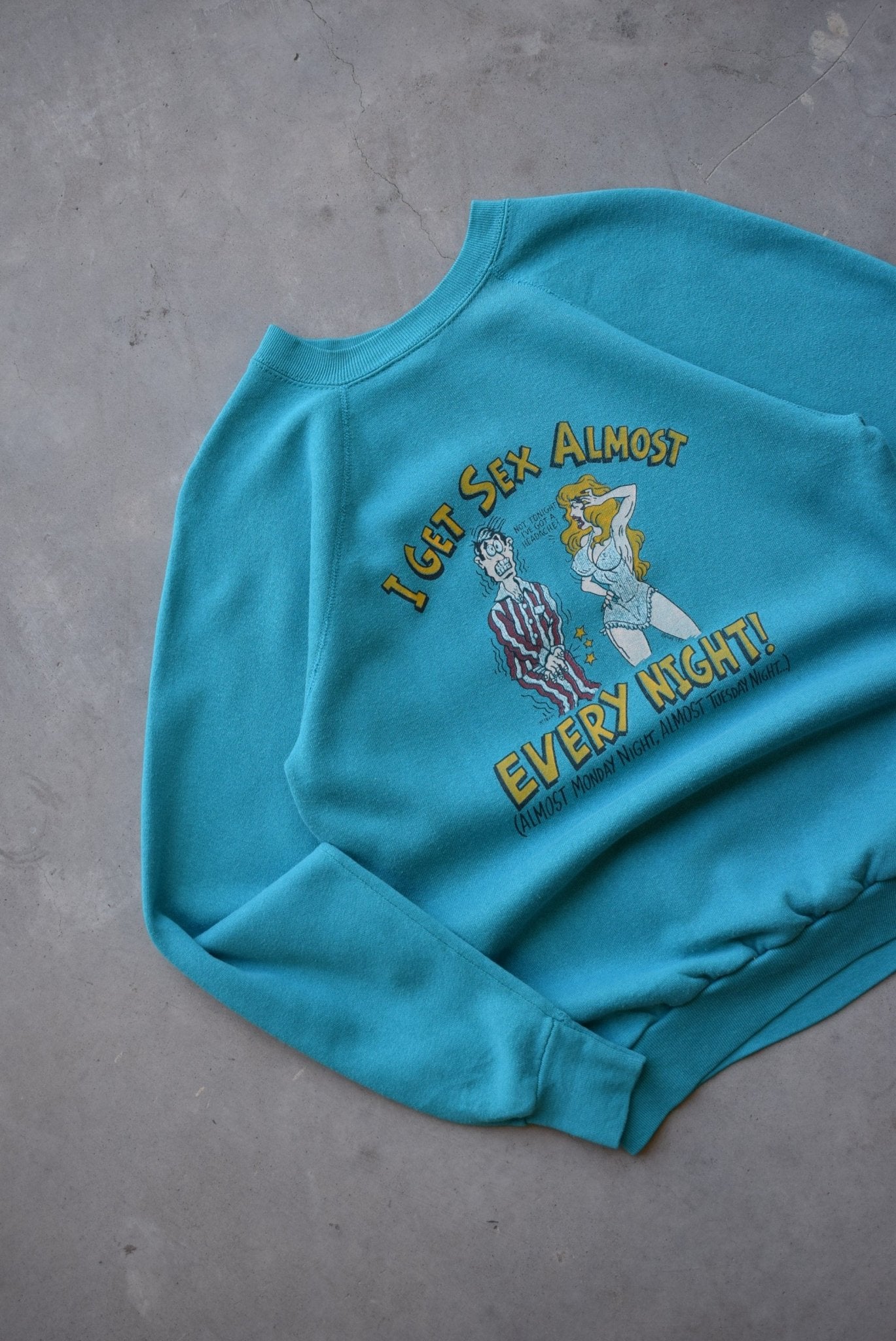 'I Get Sex Almost Every Night' Blue Graphic Crewneck — 1988 (S) - Retrospective Store