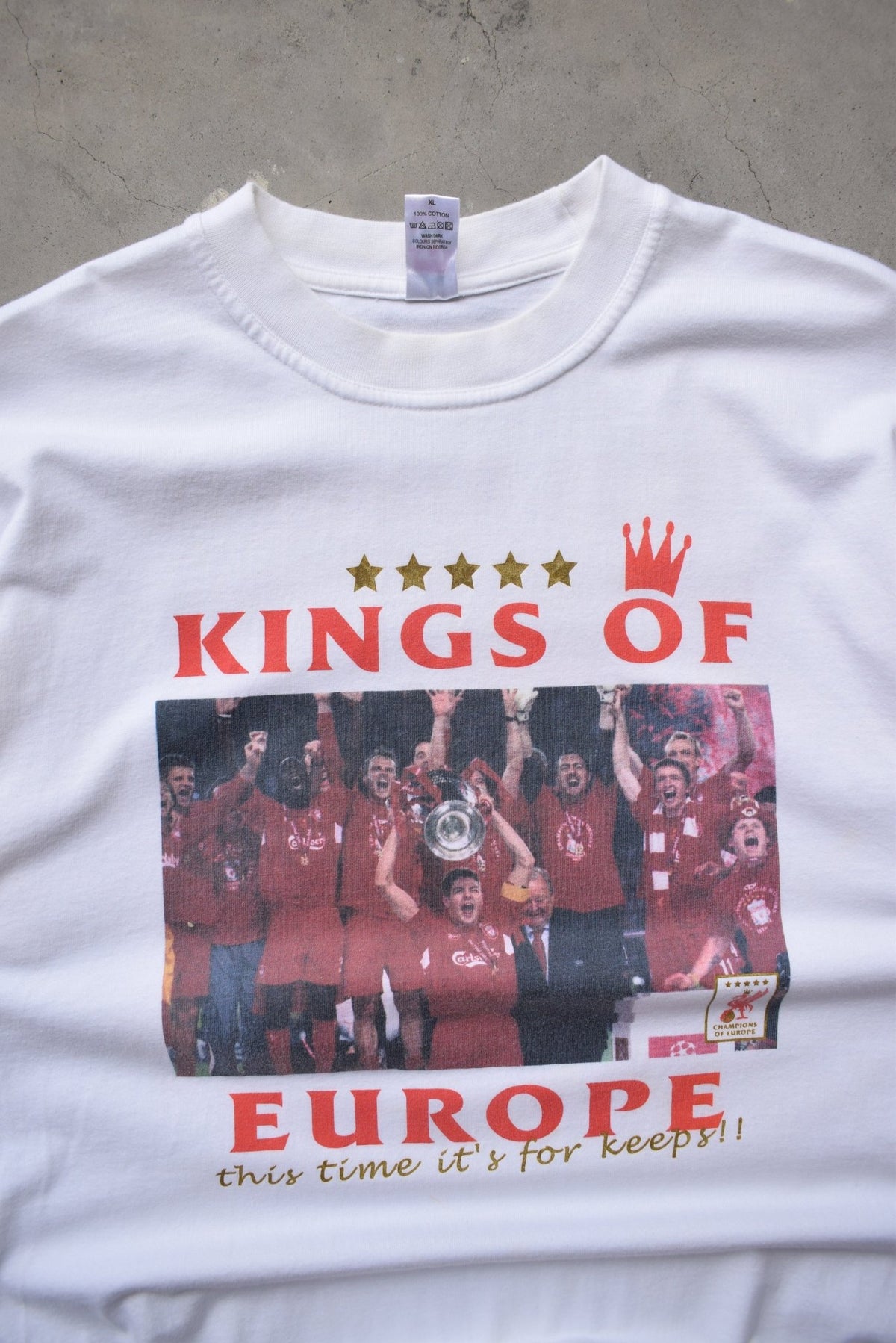 Liverpool FC 'Kings of Europe' White Graphic Tee — 2005 (XL) - Retrospective Store