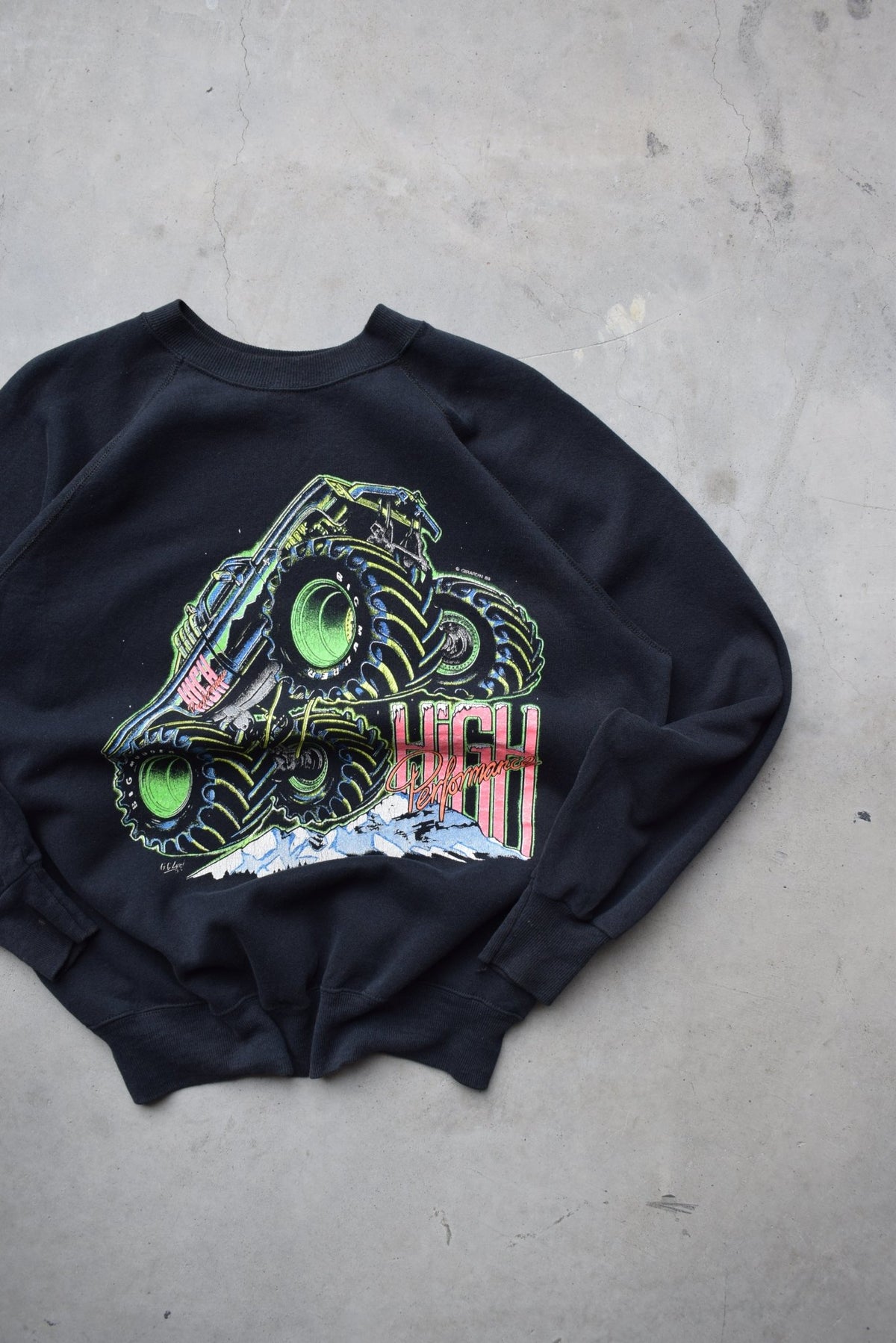 Monster Truck 'High Performance' Black Graphic Crewneck — 1989 (M/L) - Retrospective Store