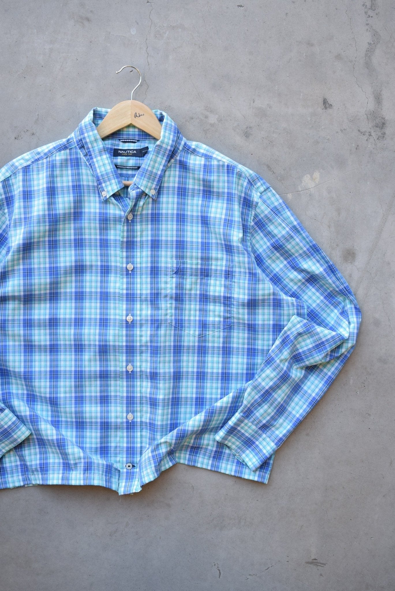 Nautica Blue Cropped Long Sleeve Button Up — 2000s (XL) - Retrospective Store