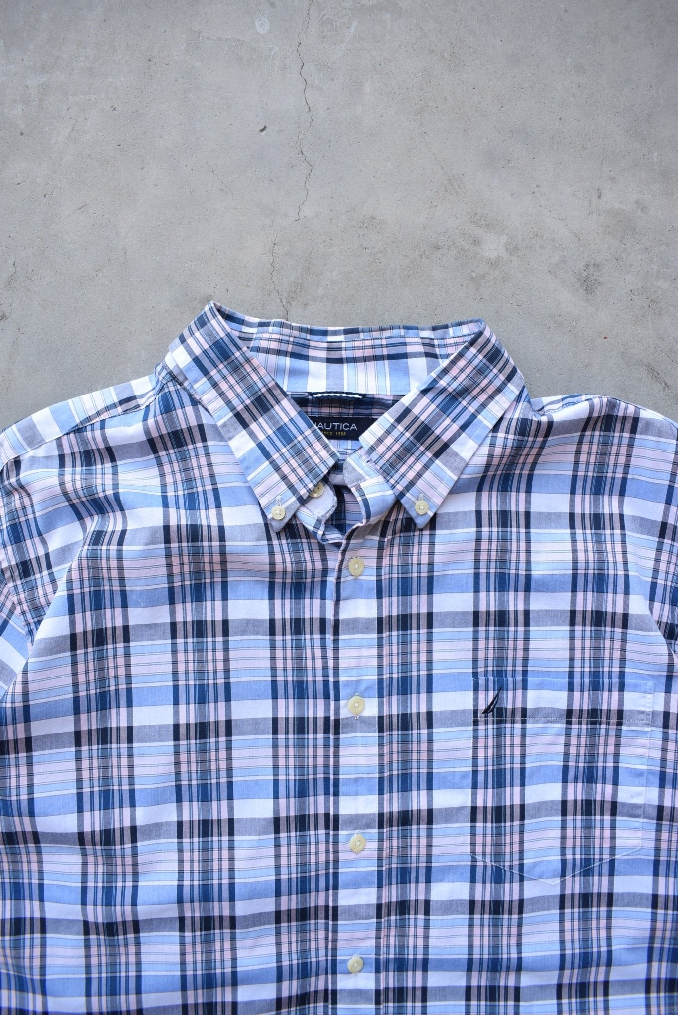 Nautica Blue & Pink Cropped Button Up — 2000s (L) - Retrospective Store