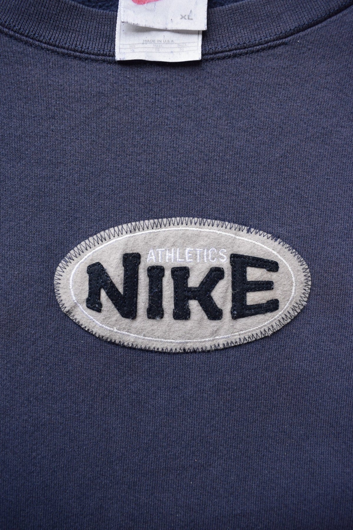 Nike Athletics Navy Embroidered Spellout Crewneck — 1990s (XL) - Retrospective Store