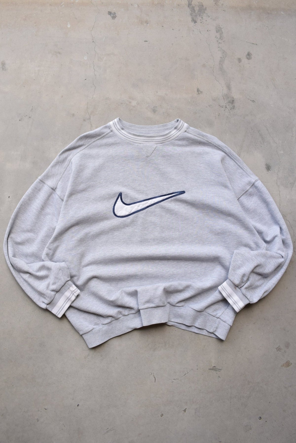 Nike Grey Embroidered Swoosh Crewneck — 1990s (XXL) - Retrospective Store