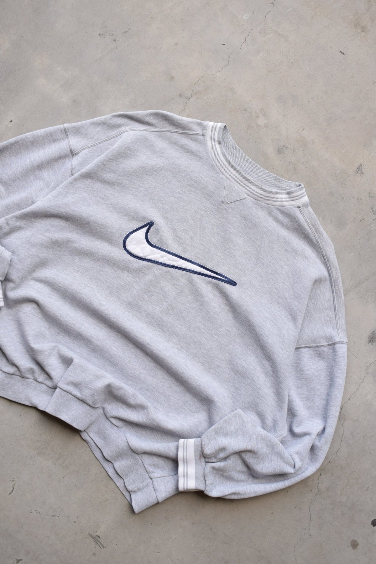 Nike Grey Embroidered Swoosh Crewneck — 1990s (XXL) - Retrospective Store