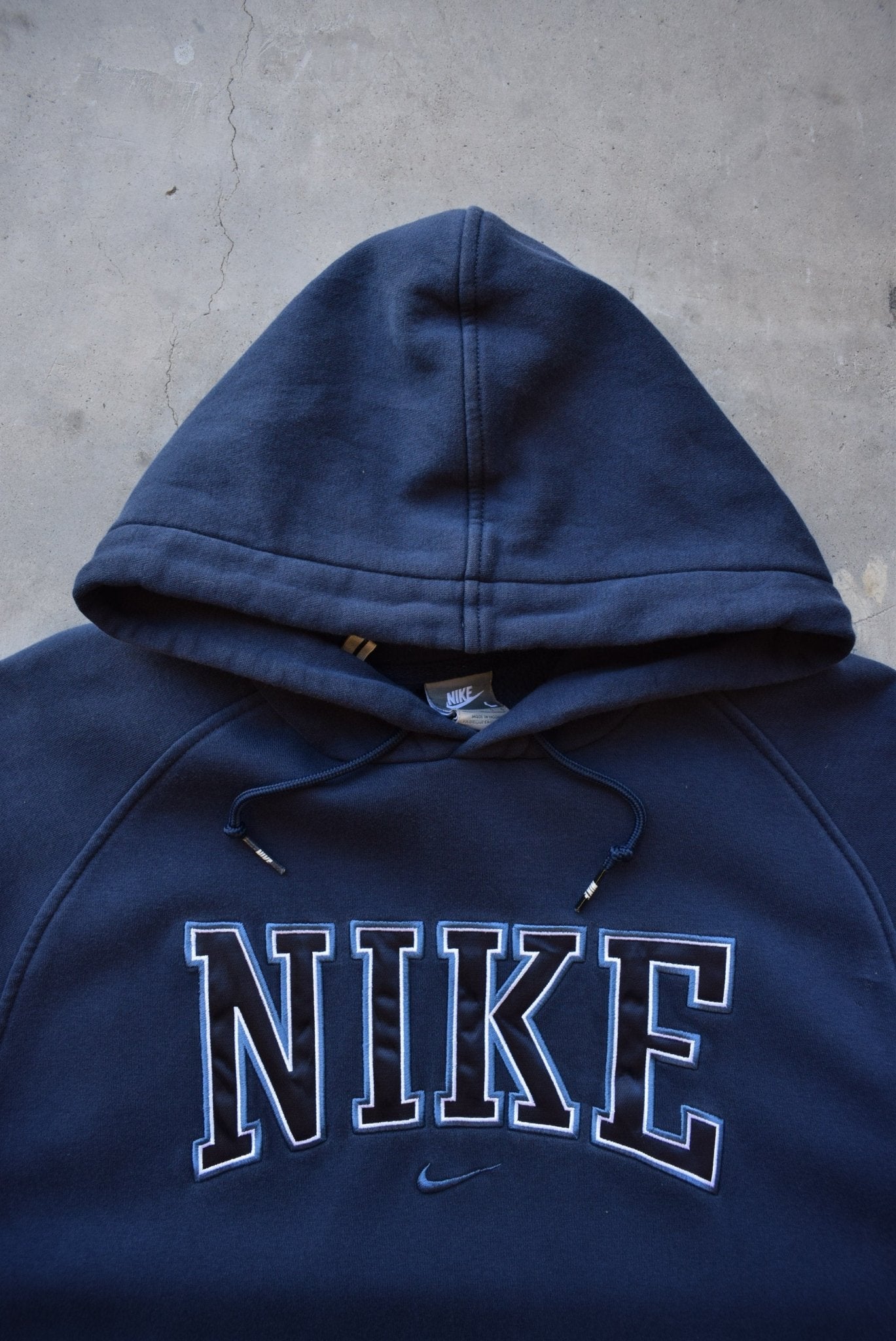 Nike Navy Embroidered Spellout Hoodie — 2000s (L) - Retrospective Store