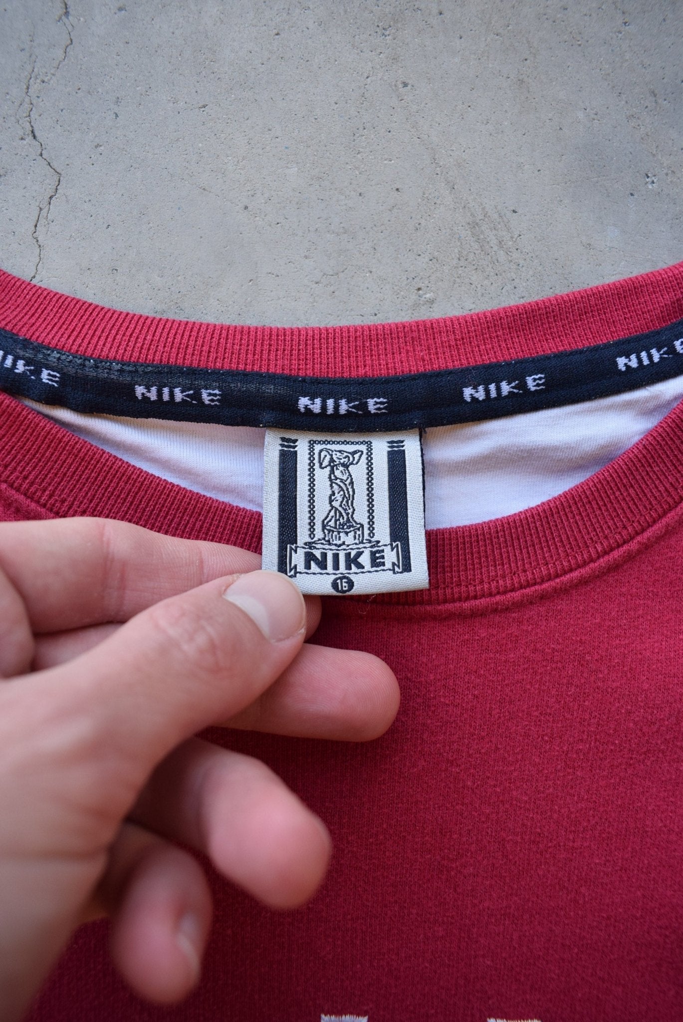 Nike Red Embroidered Spellout Crewneck — 1990s (S) - Retrospective Store