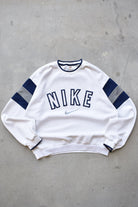 Nike White & Navy Embroidered Spellout Crewneck — 1990s (M) - Retrospective Store