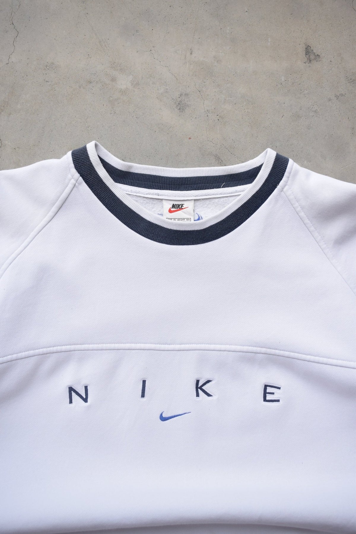 Nike White & Navy Embroidered Spellout Crewneck — 1990s (XL) - Retrospective Store