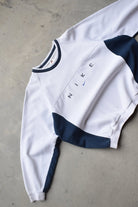 Nike White & Navy Embroidered Spellout Crewneck — 1990s (XL) - Retrospective Store
