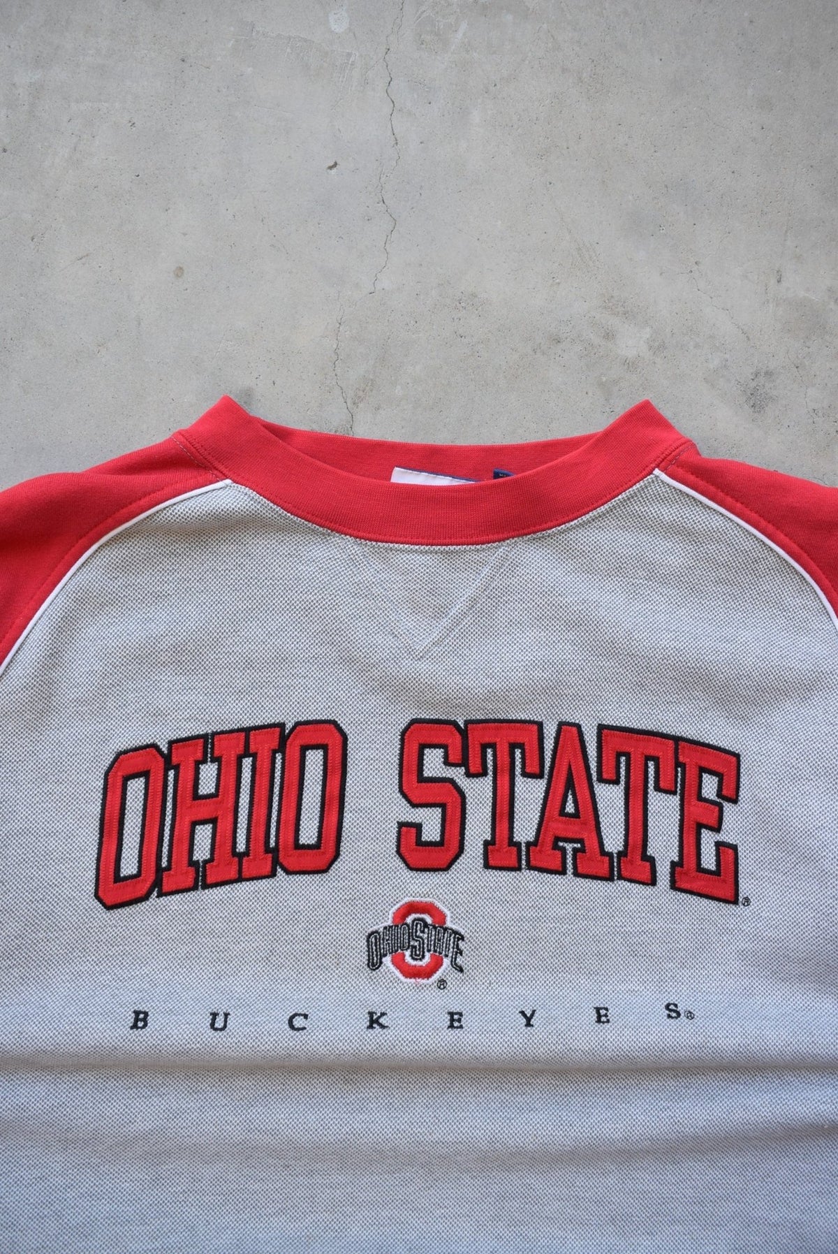 Ohio State University Buckeyes Grey & Red Embroidered Spellout Crewneck — 2000s (XL) - Retrospective Store