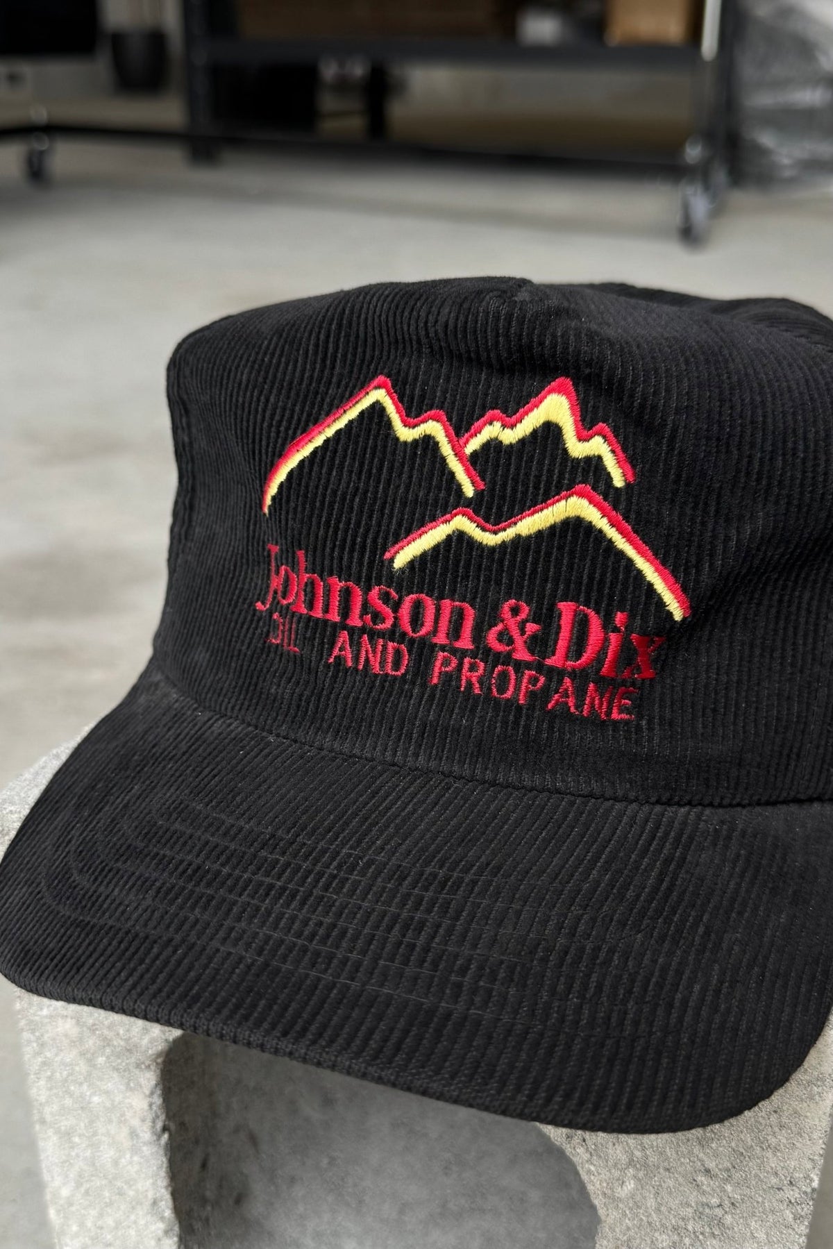 Oil & Propane Black Embroidered Corduroy Hat — 1990s - Retrospective Store
