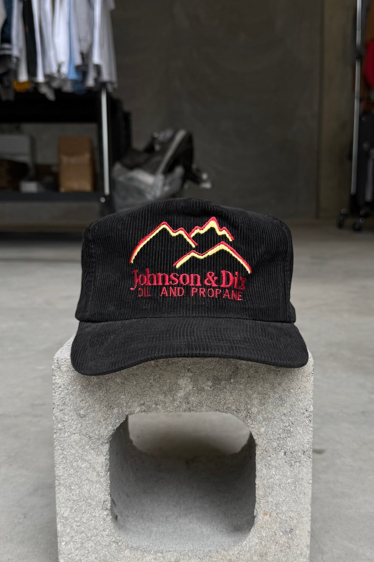 Oil & Propane Black Embroidered Corduroy Hat — 1990s - Retrospective Store