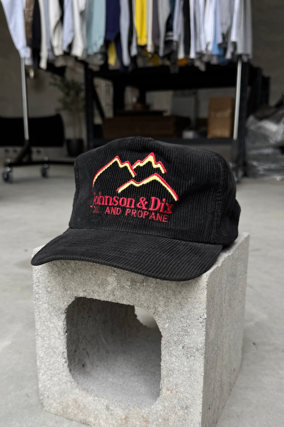 Oil & Propane Black Embroidered Corduroy Hat — 1990s - Retrospective Store
