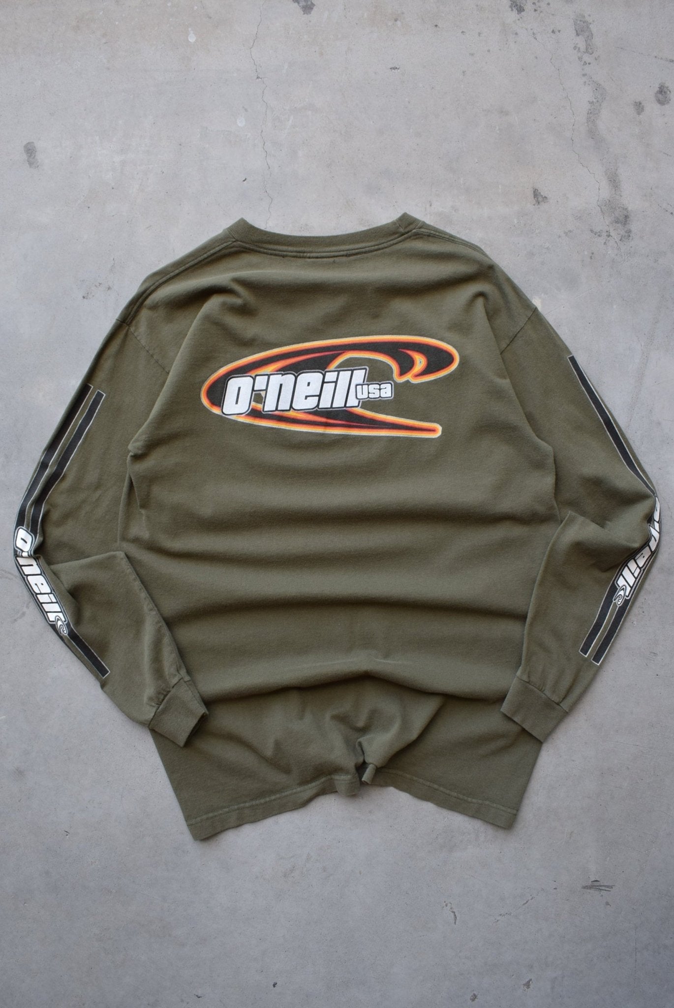 O'Neill USA Surfwear Green Long Sleeve Spellout Tee — 1990s (L) - Retrospective Store