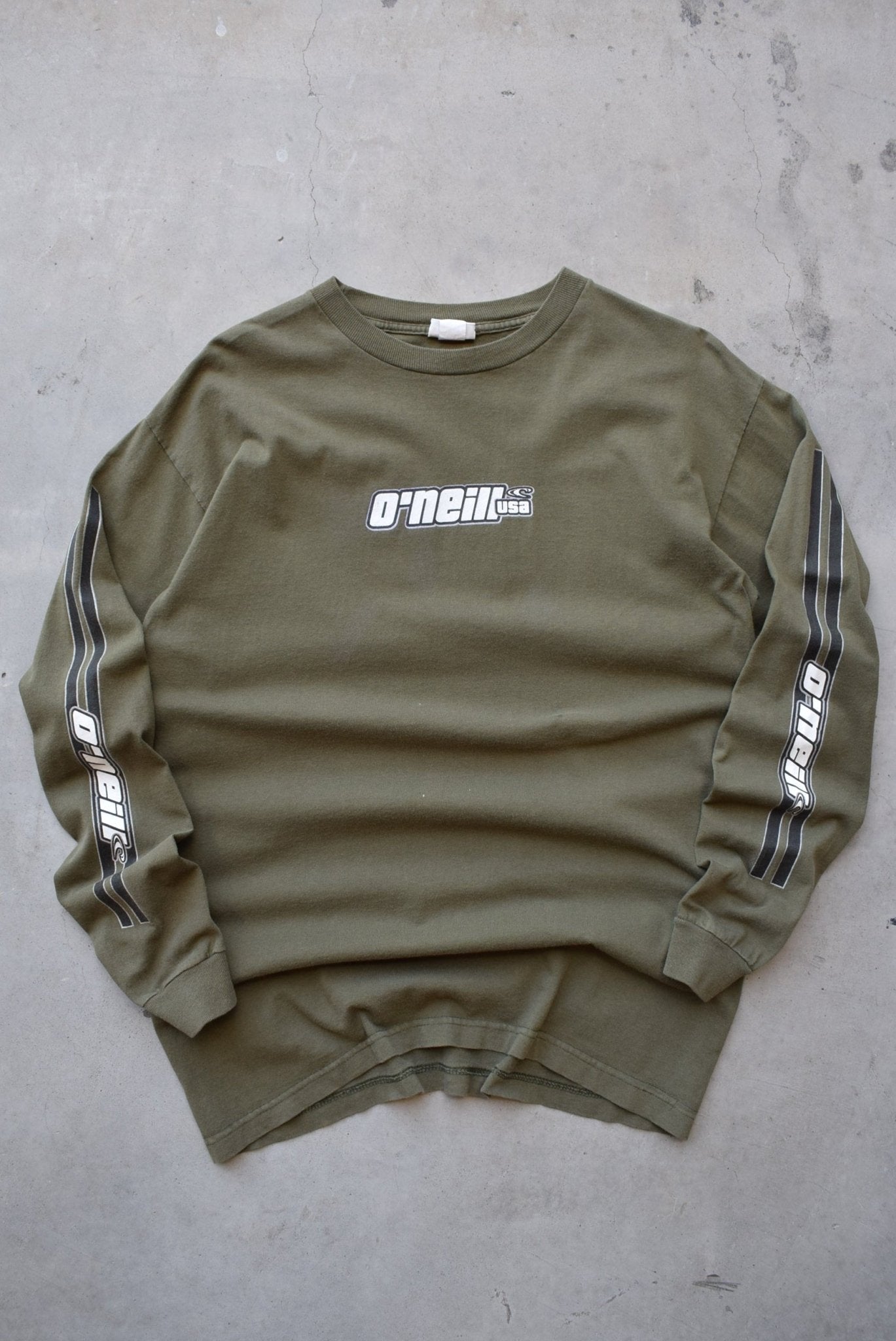 O'Neill USA Surfwear Green Long Sleeve Spellout Tee — 1990s (L) - Retrospective Store