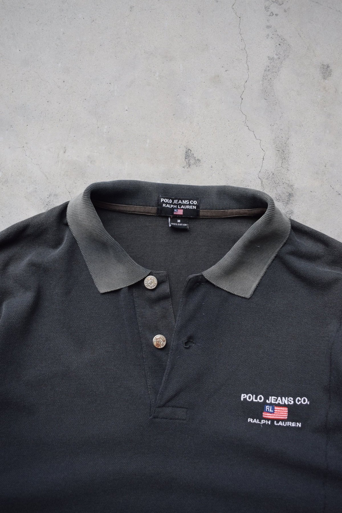 Polo Jeans Co. Ralph Lauren Black Embroidered Spellout Polo — 1990s (L) - Retrospective Store