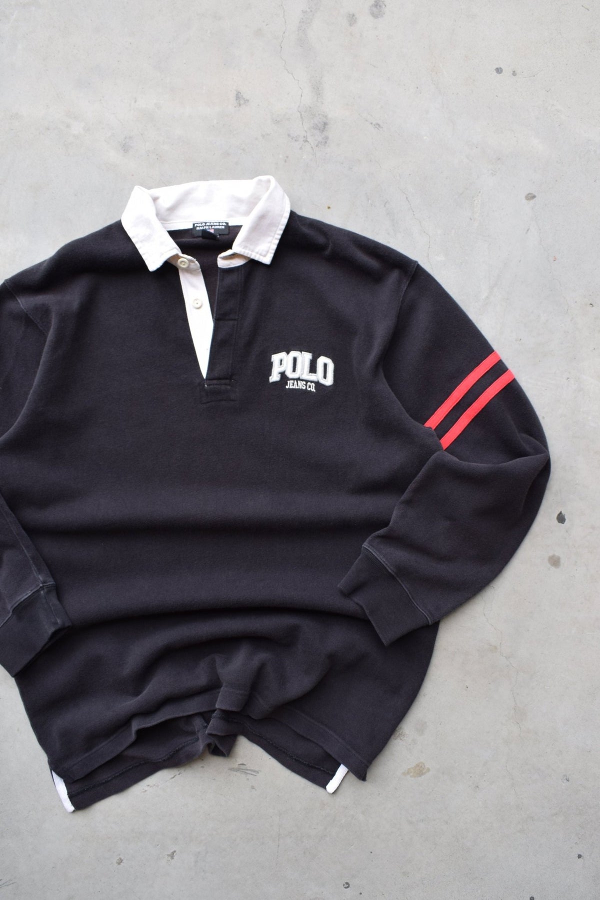 Polo Jeans Co. Ralph Lauren Black & Red Embroidered Rugby Polo — 1990s (XL) - Retrospective Store