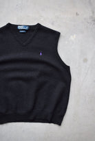 Polo Ralph Lauren Black 100% Wool Embroidered Vest — 1990s (S/M) - Retrospective Store