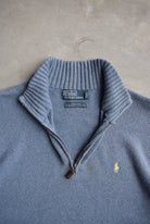 Polo Ralph Lauren Blue Embroidered Knitted Quarter Zip — 1990s (M/L) - Retrospective Store