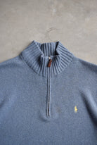 Polo Ralph Lauren Blue Embroidered Knitted Quarter Zip — 1990s (M/L) - Retrospective Store