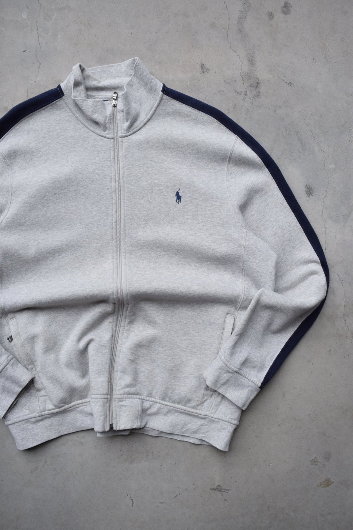 Polo Ralph Lauren Grey & Navy Embroidered Logo Jacket — 1990s (XXL) - Retrospective Store