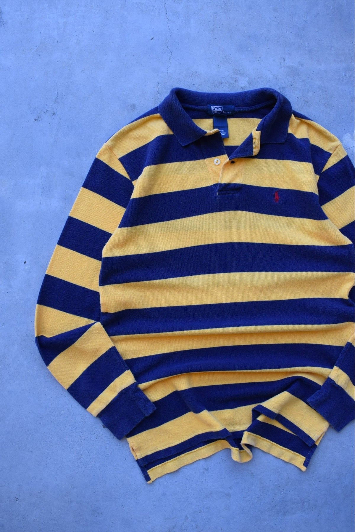 Polo Ralph Lauren Navy & Yellow Embroidered Logo Long Sleeve Polo — 1990s (S) - Retrospective Store
