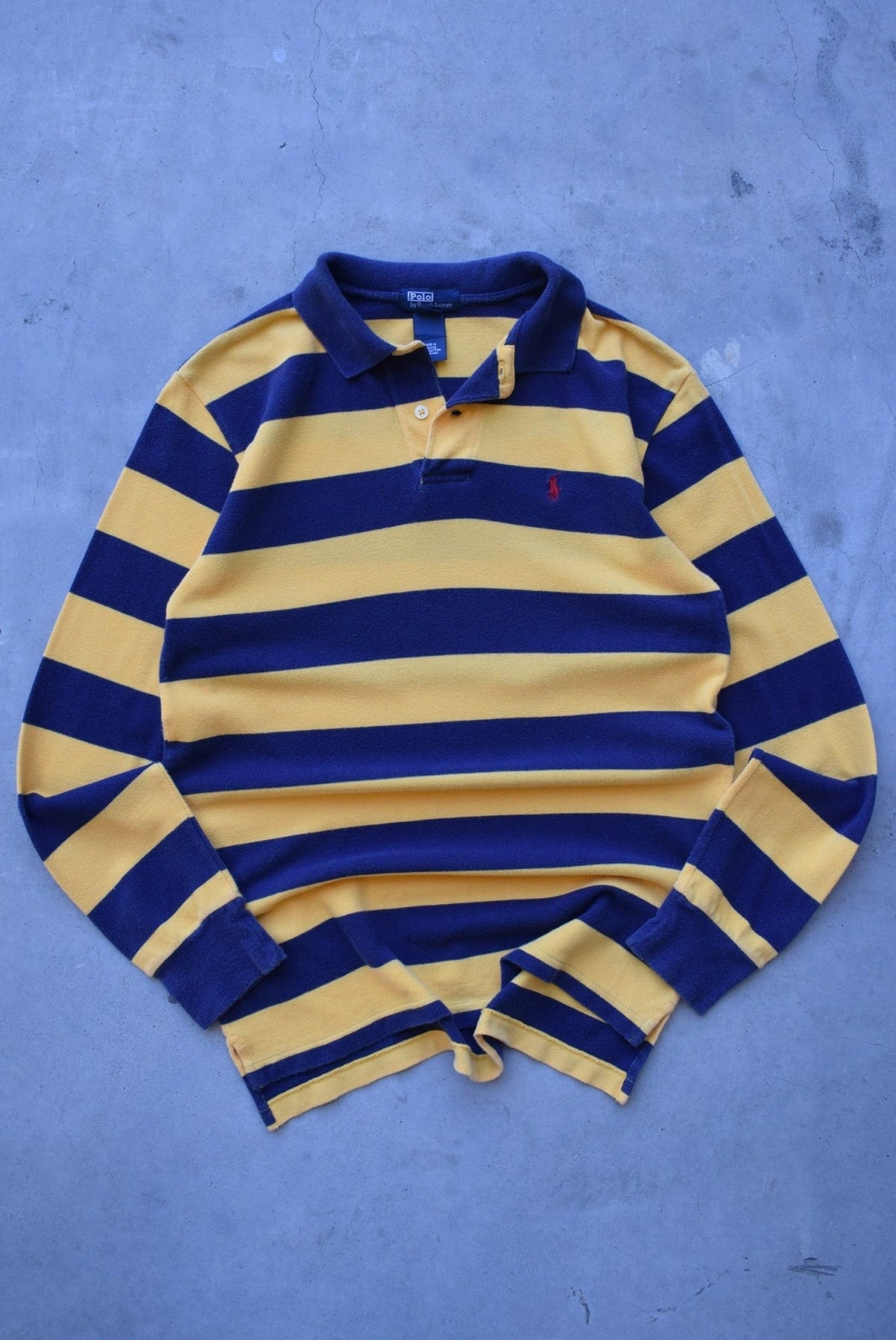Polo Ralph Lauren Navy & Yellow Embroidered Logo Long Sleeve Polo — 1990s (S) - Retrospective Store