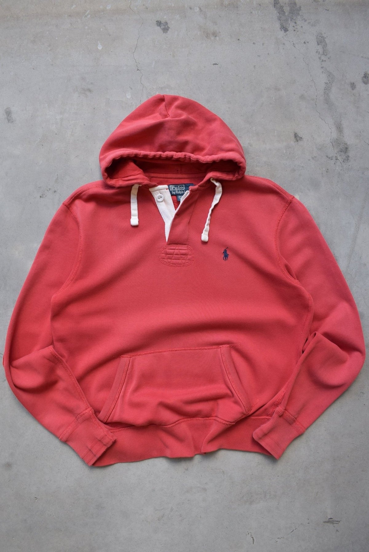 Polo Ralph Lauren Red Embroidered Logo Quarter Button Hoodie — 1990s (M/L) - Retrospective Store